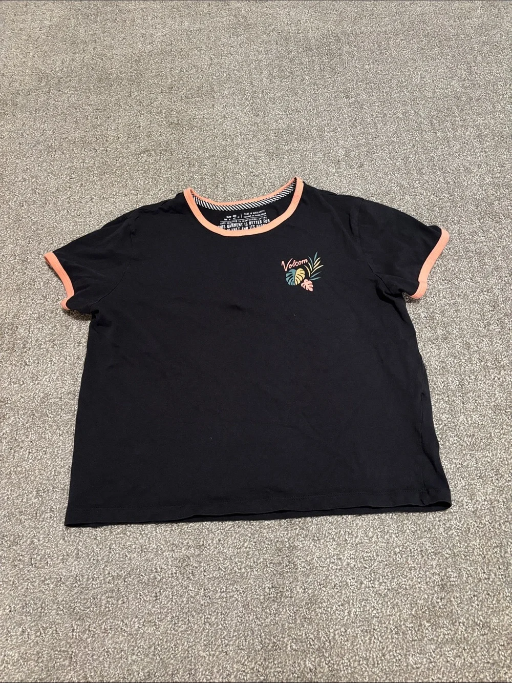 Volcom Black Tee with Coral Trim and Mini Tropical Chest Logo - Kids